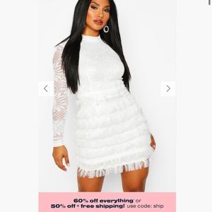 Boohoo lace fringe high neck mini dress